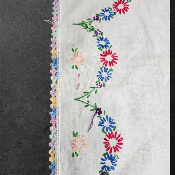 Vintage Hand Embroidered & Crochet Linen Runners Pair Floral & Red Trim 24" - Picture 4 of 12